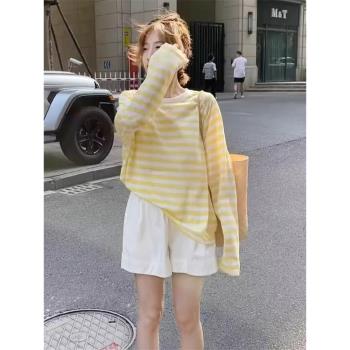 黃色條紋薄紗防曬罩衫女夏季薄款鬆弛感外搭冰絲長袖t恤外穿上衣
