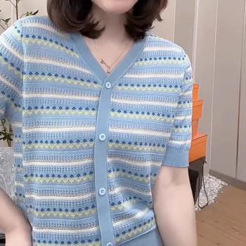 夏季桑蠶絲短袖t恤女2025新款正肩條紋藍色寬松大碼冰絲針織上衣