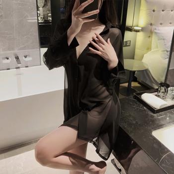 性感露背純欲透視襯衫情侶趣味內衣女火辣制服大碼冰絲睡衣家居服