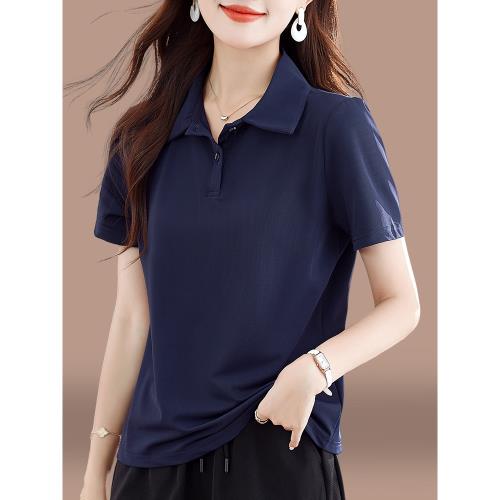 冰絲短袖t恤女夏薄款2025新款百搭氣質媽媽裝翻領polo衫純色上衣