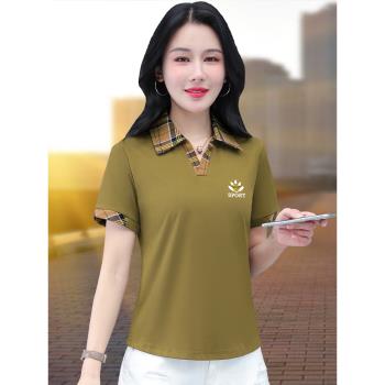 翻領冰絲短袖t恤女2025新款夏季媽媽薄款polo衫時尚洋氣體恤上衣