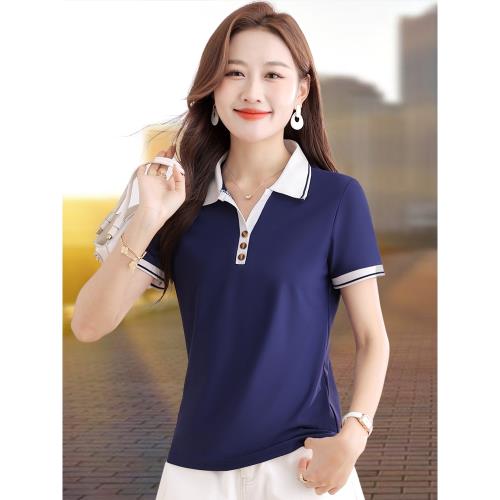 冰絲短袖女t恤夏季2025新款時尚休閑短款正肩Polo衫女士翻領上衣