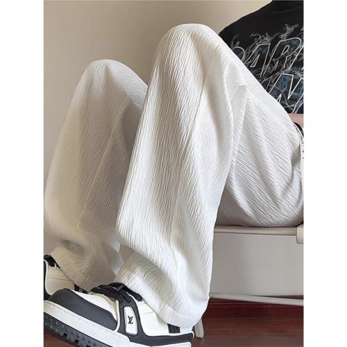 夏季薄款肌理感冰絲褲子男透氣速干垂感休閑褲涼感寬松闊腿長褲子