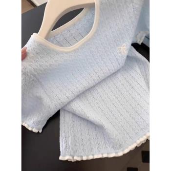 藍色鏤空冰絲針織短袖t恤女夏季新款刺繡蝴蝶結溫柔修身正肩上衣