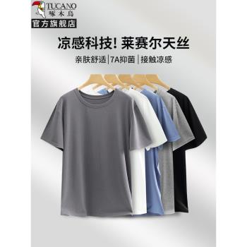 萊賽爾天絲短袖t恤男士2025新款夏季冰絲半袖體恤衫純色圓領上衣