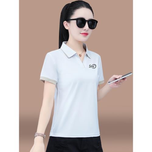 冰絲速干翻領短袖t恤女夏薄款2025新款時尚媽媽裝polo衫體恤上衣