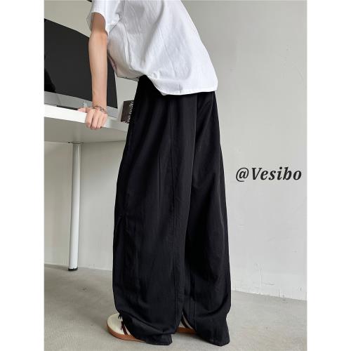 美式壓褶涼感冰絲褲男夏高街復古純色寬松拖地褲潮牌垂感休閑長褲