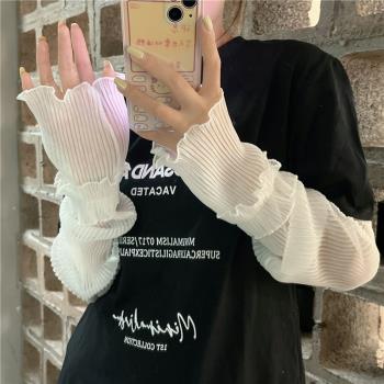 黑色寬松網紗袖套防曬防紫外線蕾絲女士冰絲夏季騎行手套薄款手袖