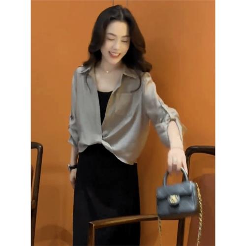 (免運)法式冰絲防曬襯衫女2025秋冬薄款寬松顯瘦配吊帶外搭罩衫短款上衣