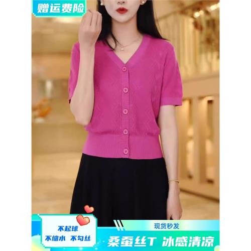 (免運)冰絲短袖t恤女2026新款v領桑蠶絲針織衫洋氣短款真絲小個子薄上衣