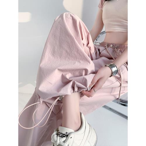 (免運)粉色冰絲速干工裝褲女2025新款美式高腰顯瘦垂感抽繩降落傘休閑褲