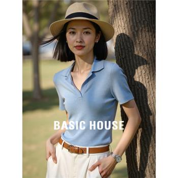 (免運)Basic House/百家好設計感淺藍色薄款冰絲翻領短袖針織衫女士夏季