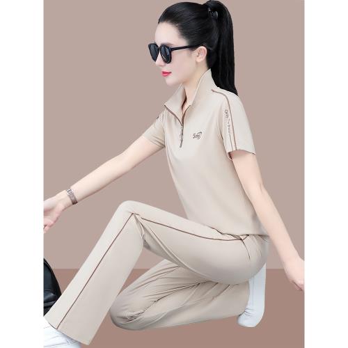 (免運)冰絲運動套裝女夏季2025新款寬松大碼女裝洋氣短袖長褲休閑兩件套