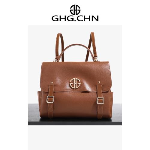 (免運)韓谷兒輕奢 牛皮 高端小眾棕色學院風郵差背包女通勤雙肩包百搭