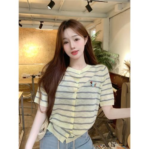 (免運)現貨冰絲針織寬松短袖女t恤2025新款條紋夏日獨特漂亮上衣顯瘦