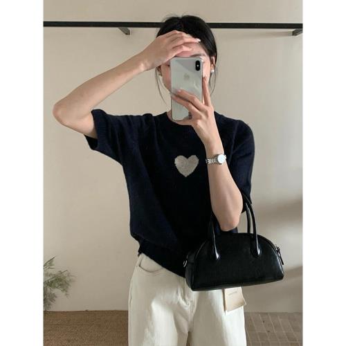 (免運)藏藍色愛心刺繡冰絲短袖t恤女夏季設計感寬松顯瘦體恤針織上衣薄