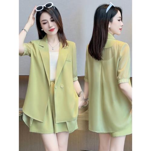 (免運)高級感薄款時尚西服套裝女短袖小西裝2025夏季新款冰絲短褲兩件套