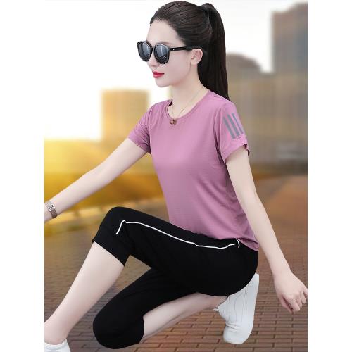 (免運)女士冰絲運動套裝夏季薄款2025新款中年媽媽速干短袖七分褲兩件套