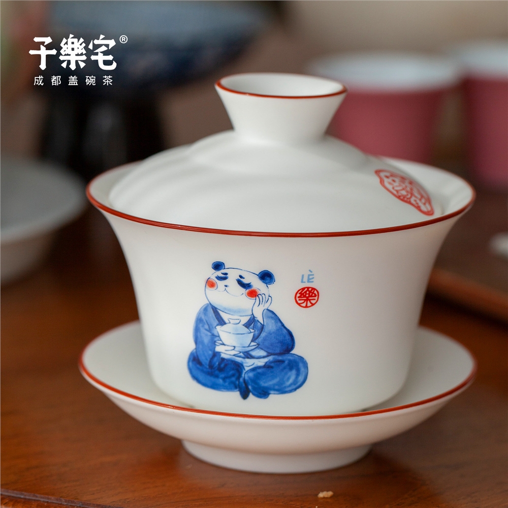 免運)子樂宅成都蓋碗茶杯三才杯實用四川特色茶器白瓷熊貓蓋碗杯160ml