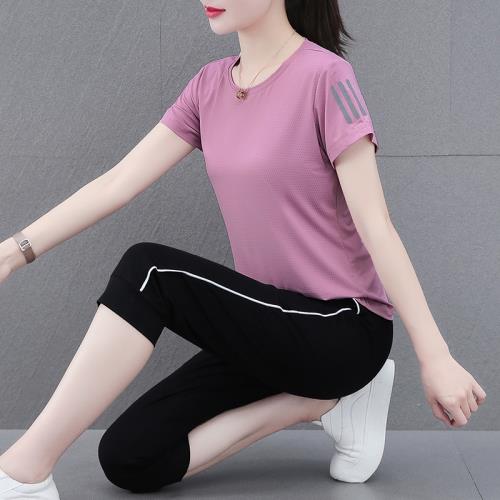 (免運)冰絲速干運動套裝女夏季2025新款短袖七分褲寬松顯瘦跑步服兩件套