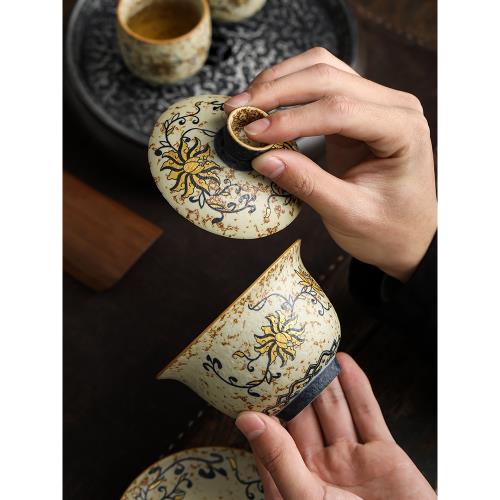 免運)青花火石紅三才蓋碗陶瓷茶杯家用大號單個高檔中式古風帶蓋泡茶碗
