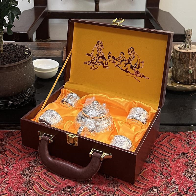 免運)新款足銀茶具套裝百福銀壺家用999銀茶杯子高檔創意純銀禮品水壺