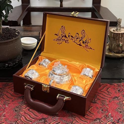 免運)新款足銀茶具套裝百福銀壺家用999銀茶杯子高檔創意純銀禮品水壺