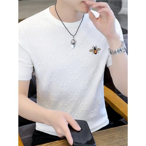 (免運)2025夏季潮牌高端短袖t恤男冰絲刺繡圓領名牌上衣男士冰麻小蜜蜂T