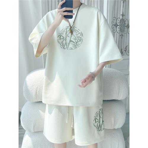 (免運)新中式國風大碼冰絲套裝男裝夏季寬松休閑運動短褲短袖t恤兩件套