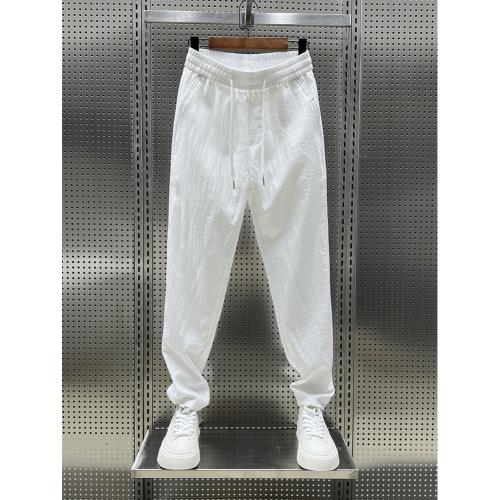 (免運)2025新款冰涼垂感！夏季薄款透氣冰絲褲子男白色直筒彈力休閑褲