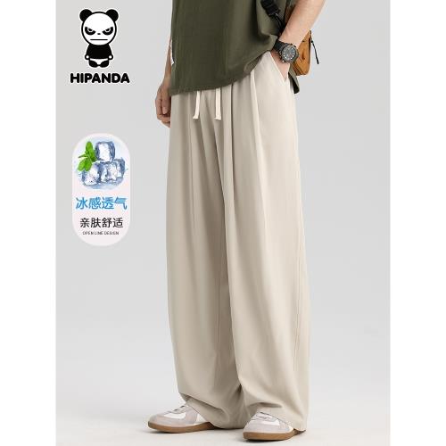 (免運)HiPanda你好熊貓冰絲休閑褲男士夏季薄款寬松直筒彈力休閑長褲子