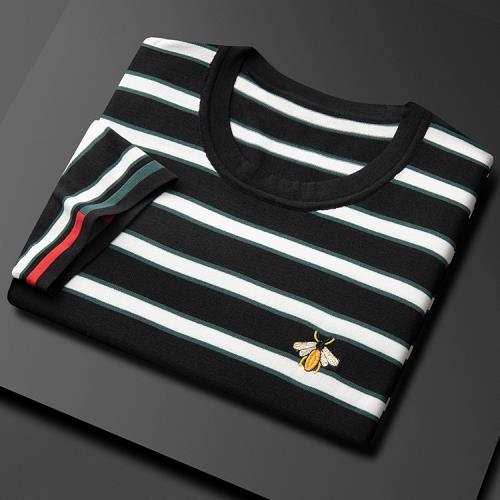 (免運)法國新款時尚輕奢短袖t恤男黑白條紋潮流刺繡冰絲款圓領半袖體恤