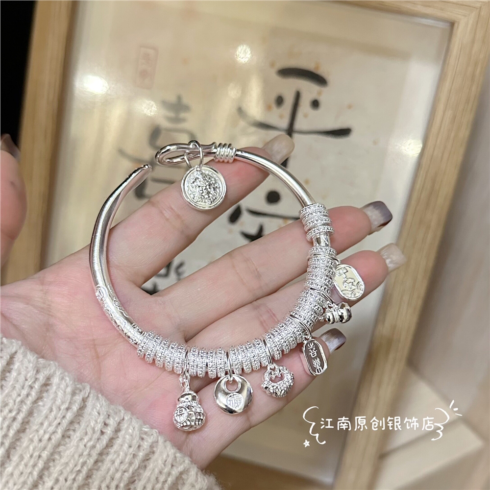 免運)足銀9999盤纏手鐲平安招財實心開口銀鐲子新中式國風吉言純銀鐲子