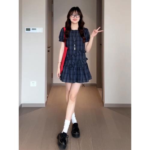 (免運)韓系高級感藍色泡泡袖連衣裙子女夏季2026新款小個子早春漂亮短裙