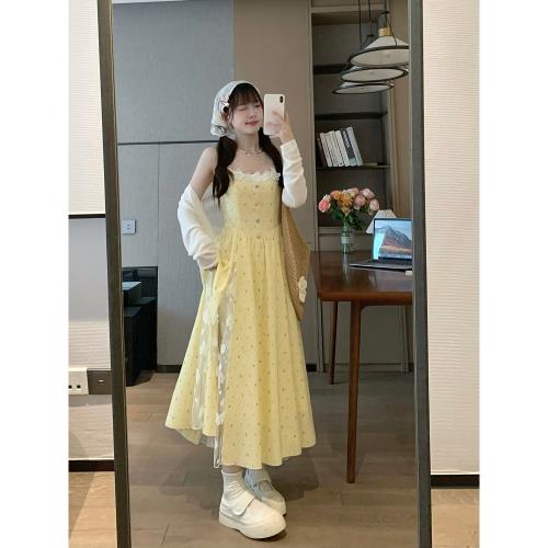 (免運)甜末末 春夏新品韓系約會海邊度假設計感法式黃色甜美吊帶連衣裙