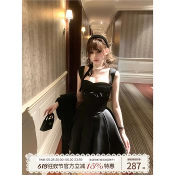 (免運)SISI JIANG優雅千金法式經典黑色高階感連衣裙魚骨蝴蝶結蓬蓬裙