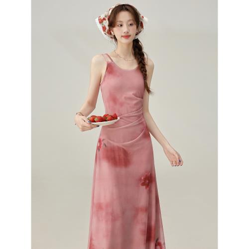 (免運)三寸藕【晨露玫瑰】法式茶歇紅色印花吊帶連衣裙夏季海邊度假裙子