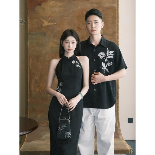 (免運)新中式EIA一堯【連理枝】提花復古刺繡連衣裙女夏黑色襯衫情侶款