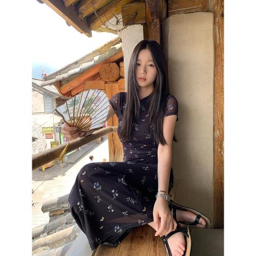 (免運)YOKLASS 新中式碎花連衣裙女夏季短袖H型一步裙度假長裙旗袍