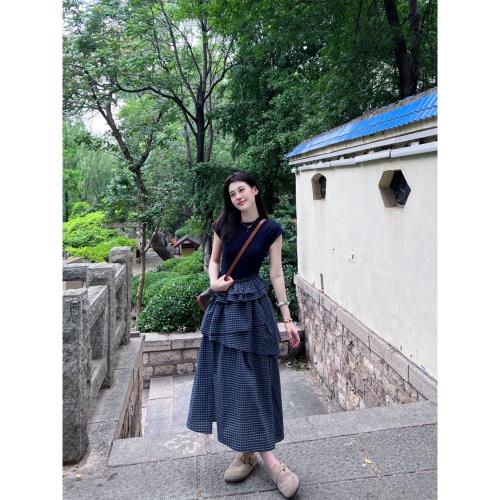 (免運)韓系復古格子拼接蛋糕連衣裙女夏季新款小眾設計感多裙擺長款裙子