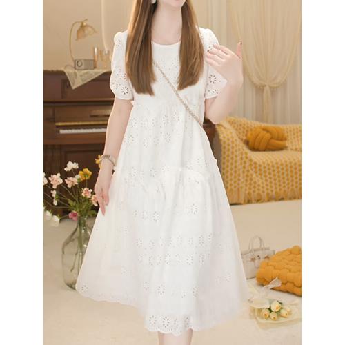 (免運)法式圓領鏤空連衣裙女2025夏季新款小個子高腰顯瘦A字短袖中長裙