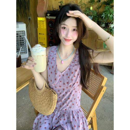 (免運)紫色氛圍感碎花無袖連衣裙女夏季新款法式收腰顯瘦小眾別致A字裙