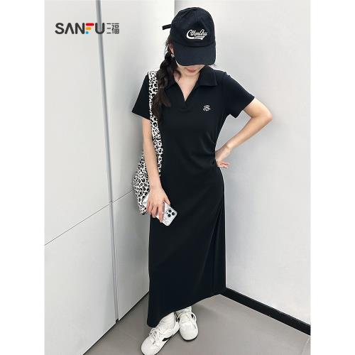 (免運)三福連衣裙女2025新款夏季氣質褶皺收腰顯瘦翻領長裙子女裝499630