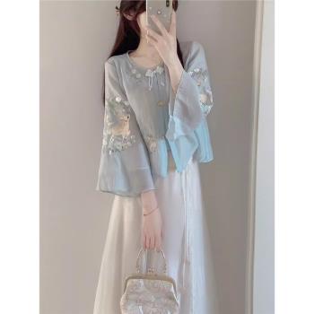 (免運)溫柔風氣質刺繡漢服上衣套裝女春秋大碼國風改良新中式旗袍連衣裙