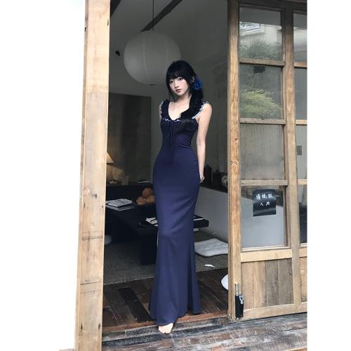 (免運)【下周六】女夏辣妹修身連衣裙性感包臀長裙深藍色蕾絲魚尾吊帶裙