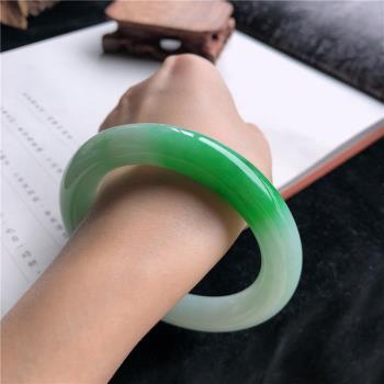 8月新品天然緬甸翡翠手鐲冰糯種飄陽綠圓條翡翠玉手鐲少女款時尚