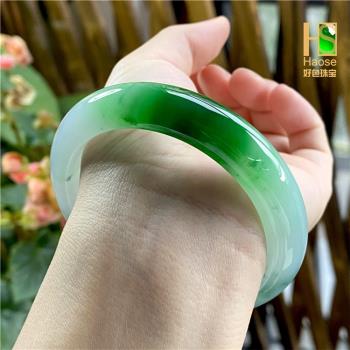 天然緬甸老坑翡翠手鐲冰種辣綠陽綠飄花正圈女款翡翠玉手鐲送閨蜜