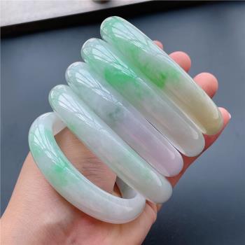 天然緬甸翡翠玉手鐲子冰種滿色陽綠飄花春彩寬邊粉紫翡翠手鐲女款