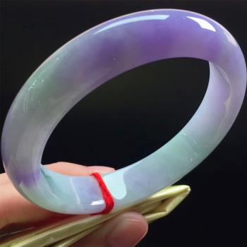老坑翡翠手鐲緬甸春彩冰糯種紫羅蘭多彩陽綠女款圓條吊墜玉石鐲子