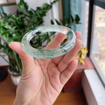 天然翡翠手鐲冰種飄花翡翠玉手鐲陽綠色緬甸翡翠圓條冰透手鐲女款